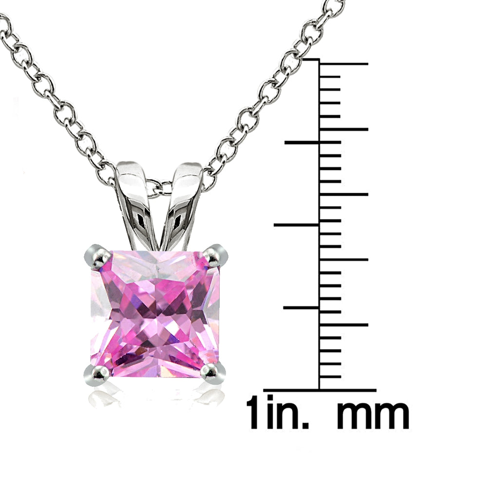 Sterling Silver 3ct Light Pink Cubic Zirconia 8mm Square Solitaire Necklace-3