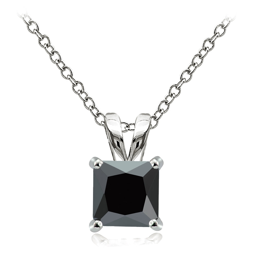 Sterling Silver 4ct Black Cubic Zirconia 9mm Square Solitaire Necklace