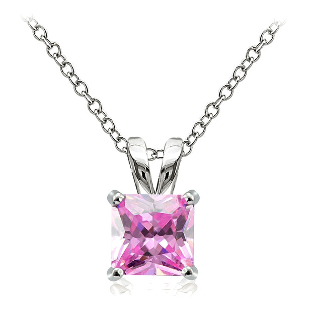 Sterling Silver 4ct Light Pink Cubic Zirconia 9mm Square Solitaire Necklace