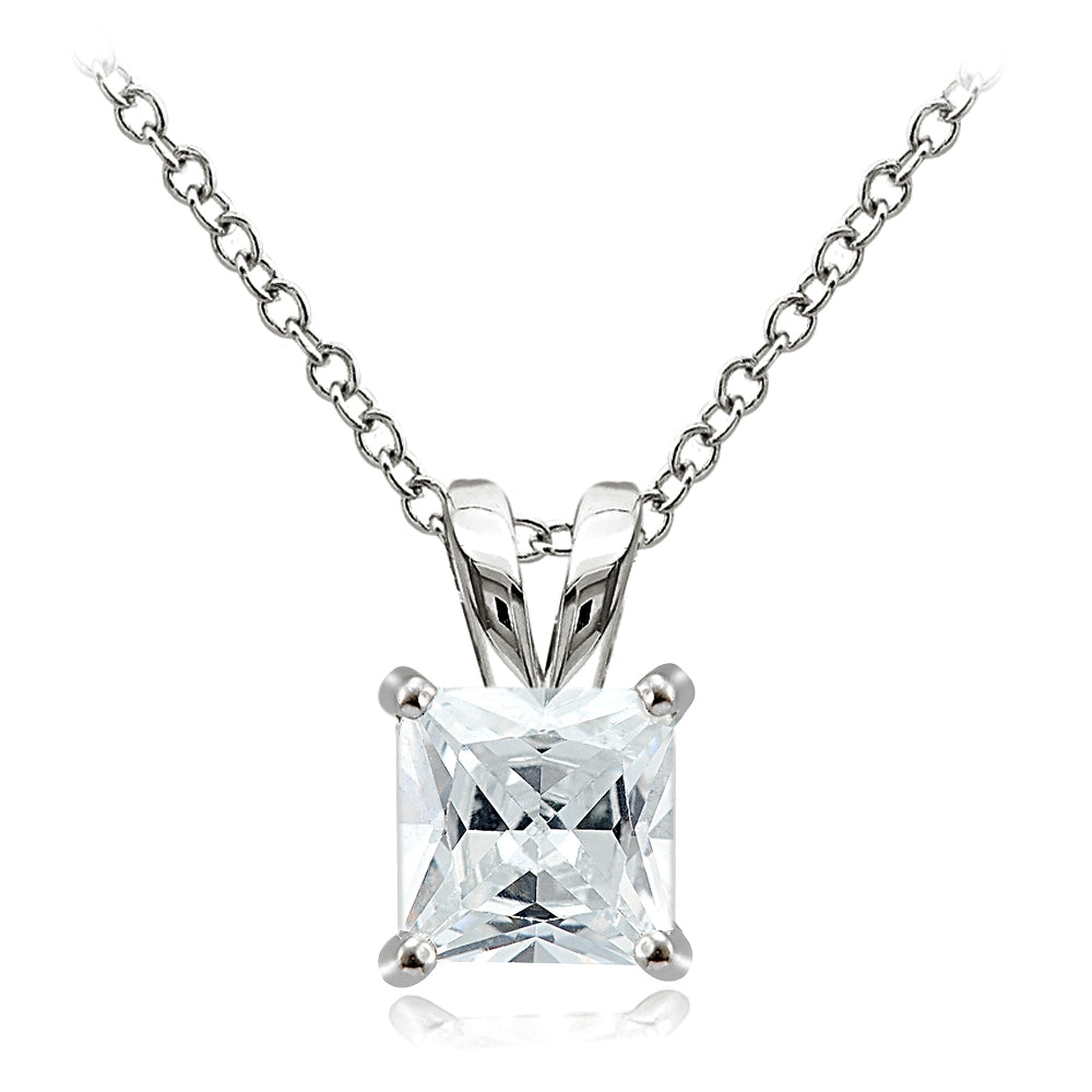 Sterling Silver 4ct Cubic Zirconia 9mm Square Solitaire Necklace