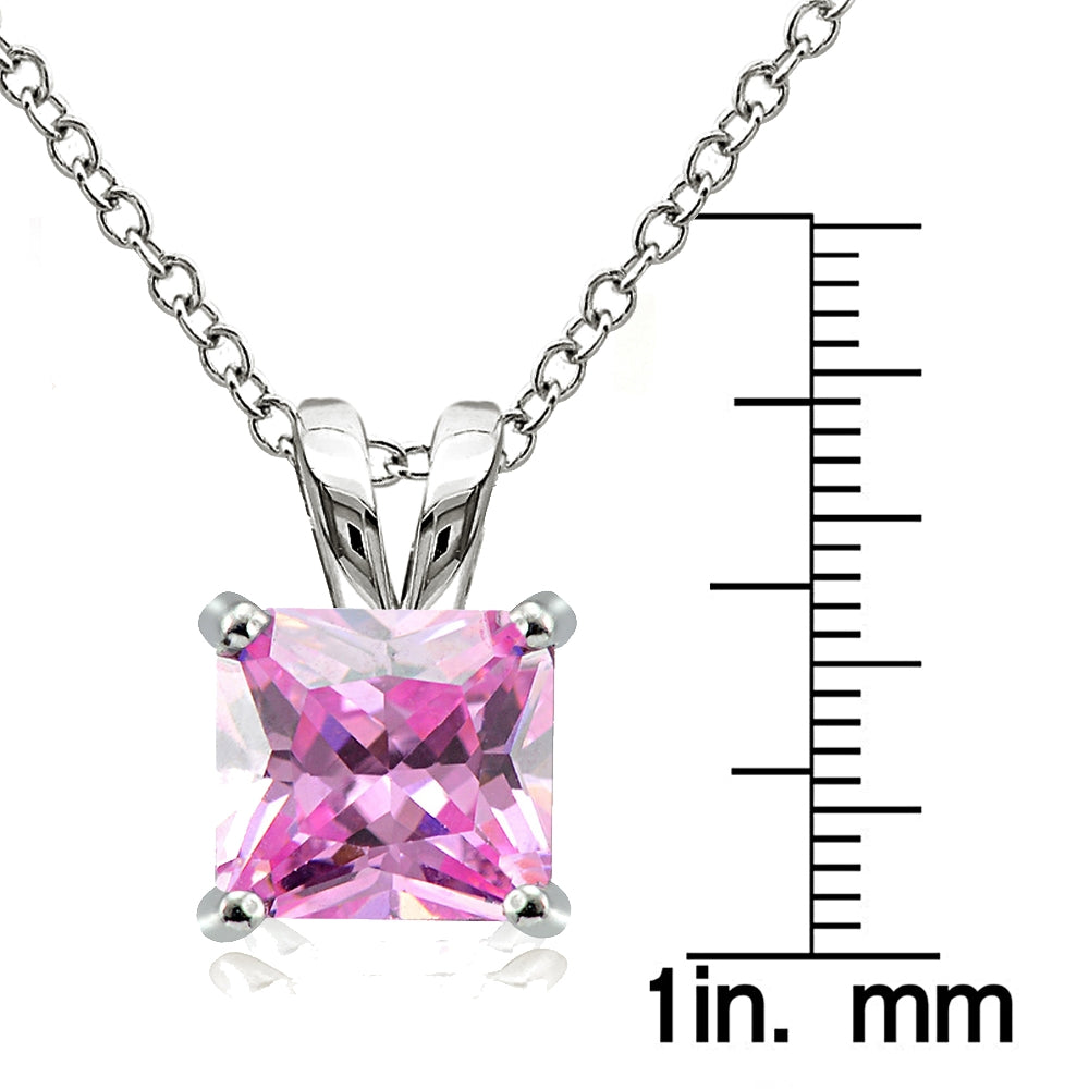 Sterling Silver 5.54ct Light Pink Cubic Zirconia 10mm Square Solitaire Necklace-3
