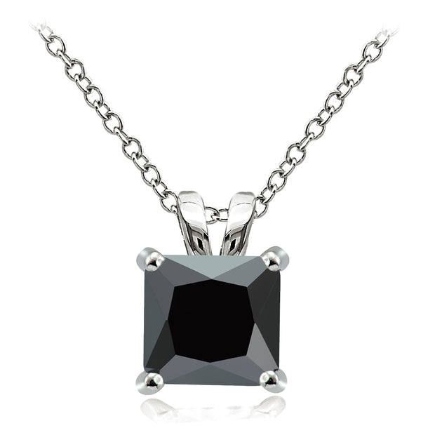 Sterling Silver 9.5ct Black Cubic Zirconia 12mm Square Solitaire Necklace