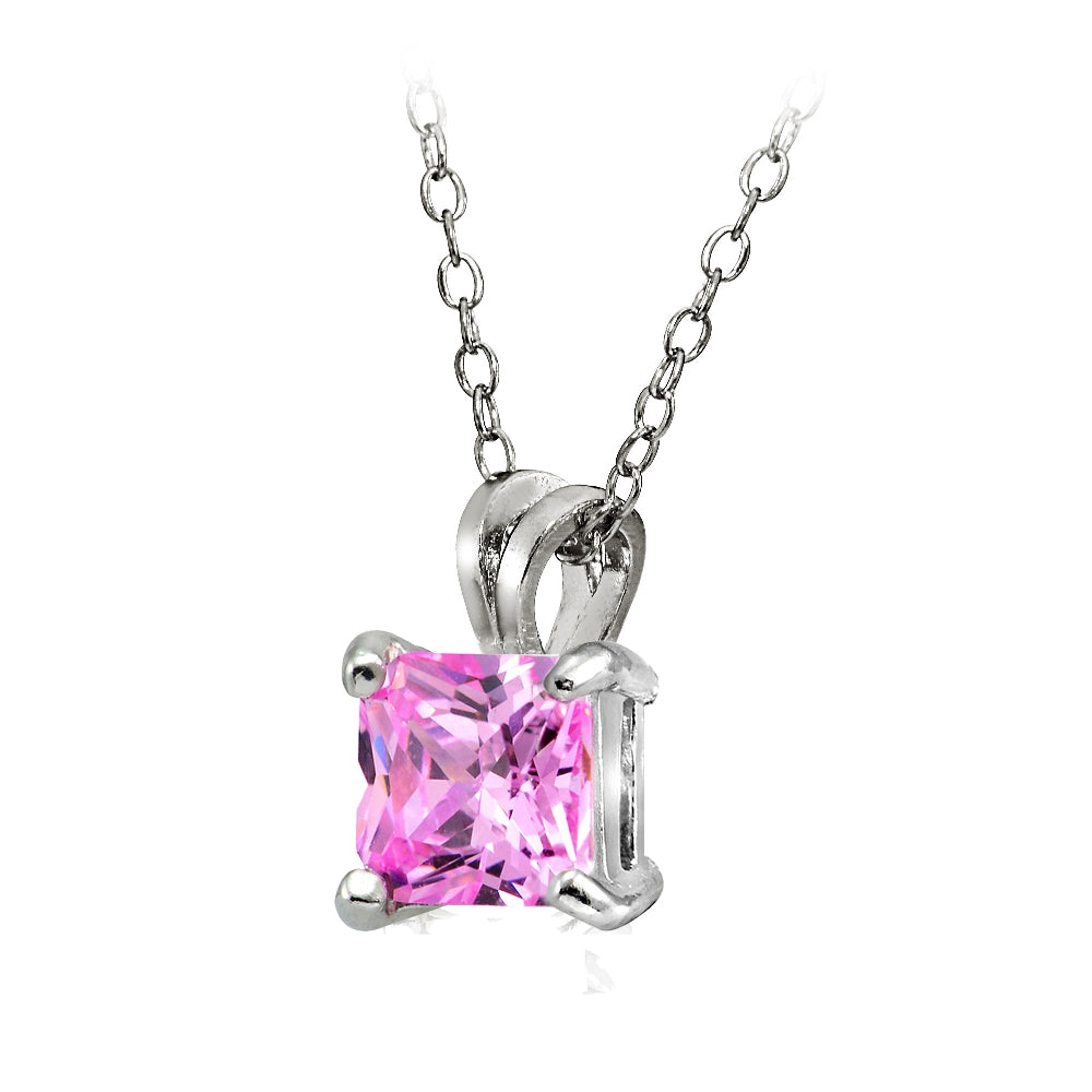 Sterling Silver 9.5ct Light Pink Cubic Zirconia 12mm Square Solitaire Necklace-2