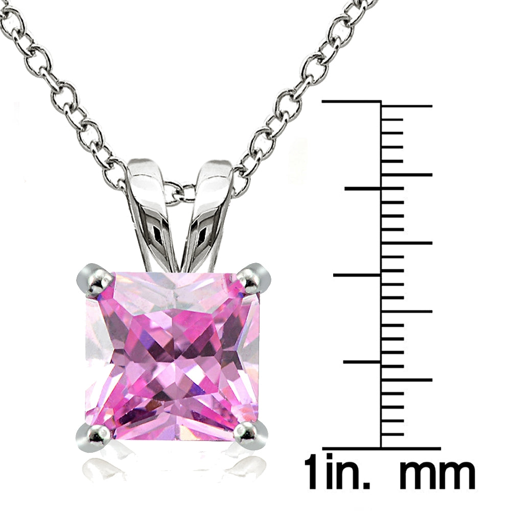 Sterling Silver 9.5ct Light Pink Cubic Zirconia 12mm Square Solitaire Necklace-3