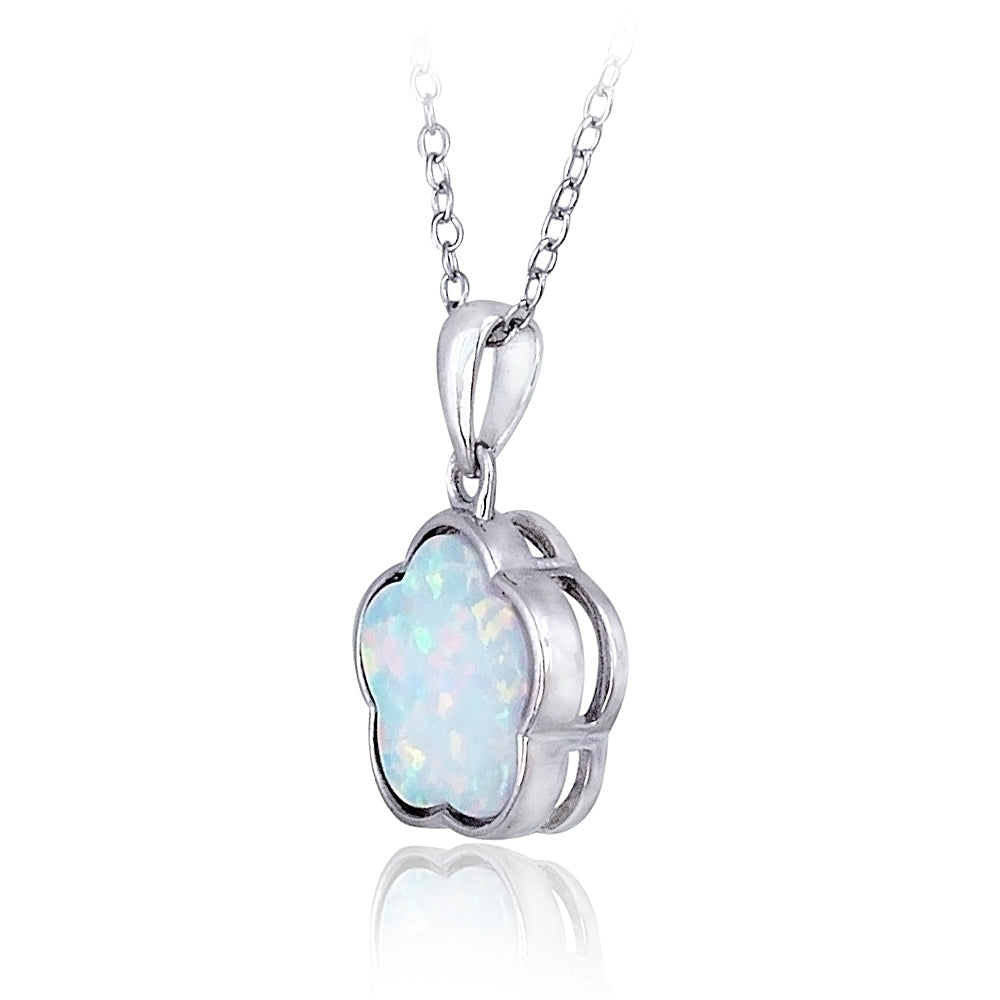 Sterling Silver Created White Opal Flower Necklace-2