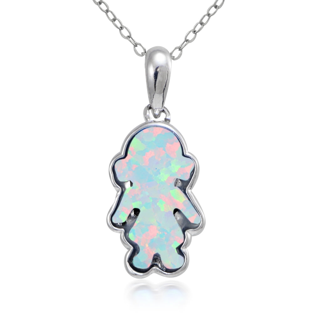 Sterling Silver Created White Opal Girl Necklace