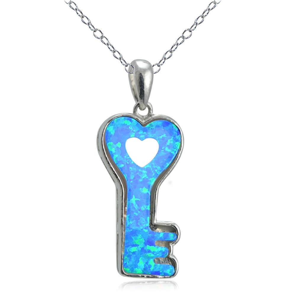 Sterling Silver Created Blue Opal Heart Key Necklace