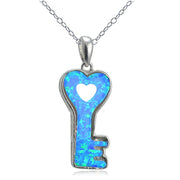 Sterling Silver Created Blue Opal Heart Key Necklace