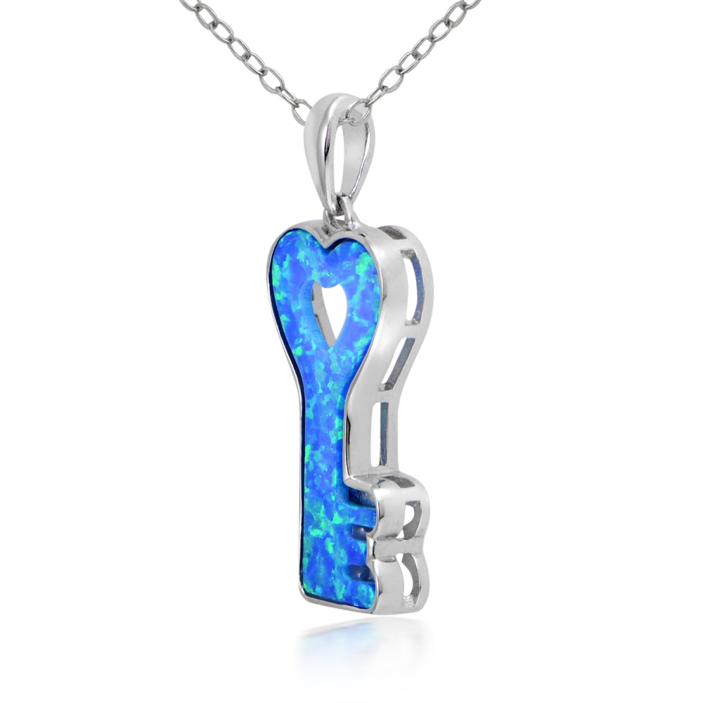 Sterling Silver Created Blue Opal Heart Key Necklace-2