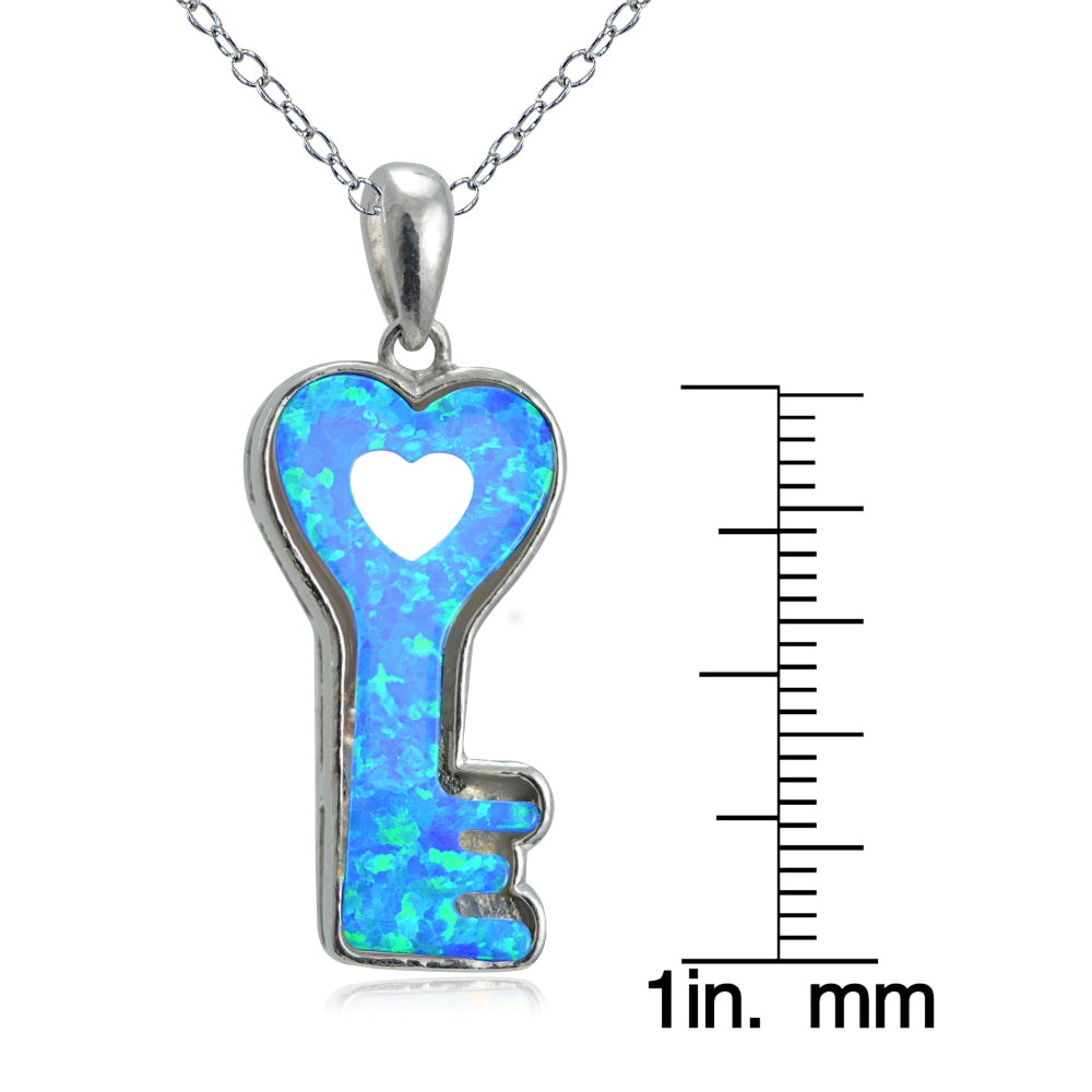 Sterling Silver Created Blue Opal Heart Key Necklace-3