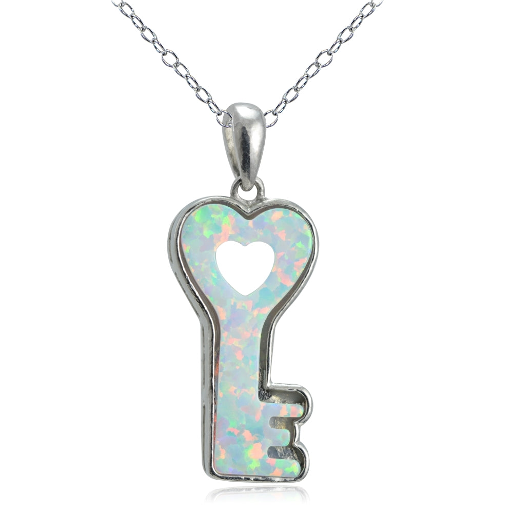Sterling Silver Created White Opal Heart Key Necklace