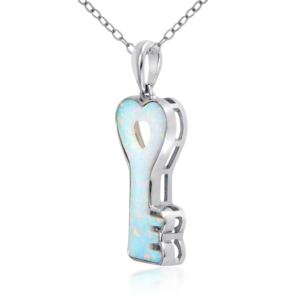 Sterling Silver Created White Opal Heart Key Necklace-2