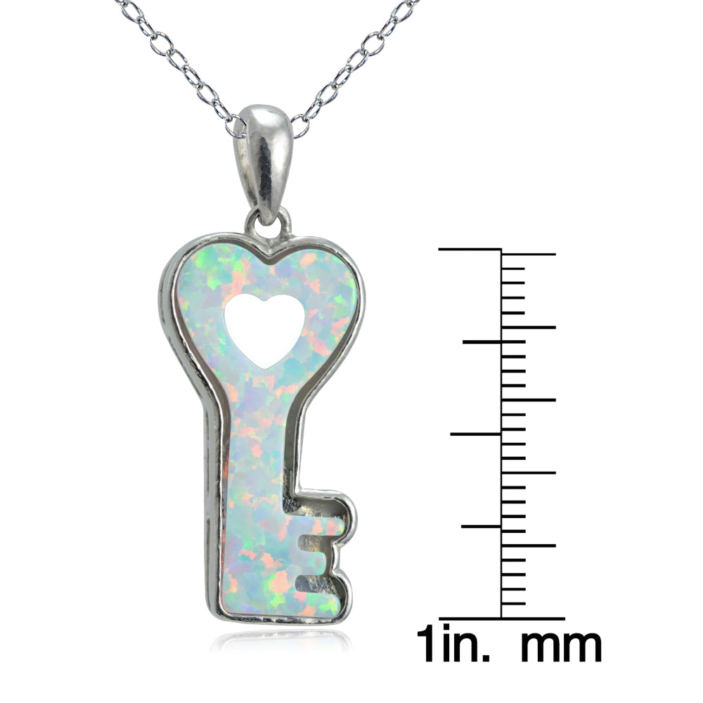 Sterling Silver Created White Opal Heart Key Necklace-3