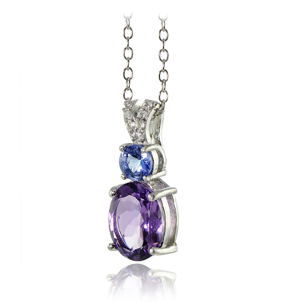 Sterling Silver 1.75ct TGW Amethyst and Tanzanite with White Topaz Oval Necklace-2