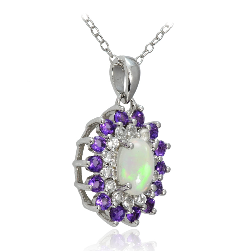 Sterling Silver Ethiopian Opal, African Amethyst & White Topaz Oval Flower Necklace-2
