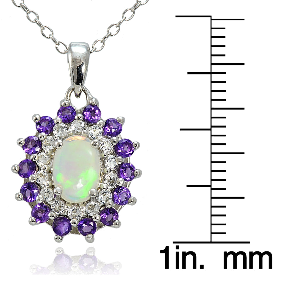 Sterling Silver Ethiopian Opal, African Amethyst & White Topaz Oval Flower Necklace-3