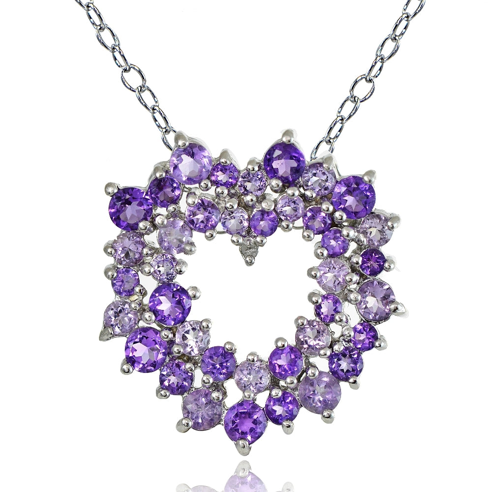 Sterling Silver 5.1 ct African Amethyst, Amethyst and Diamond Accent Cluster Heart Necklace