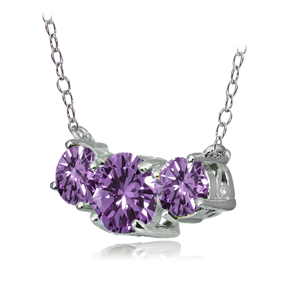 Sterling Silver Purple Cubic Zirconia Three Stone Necklace-2