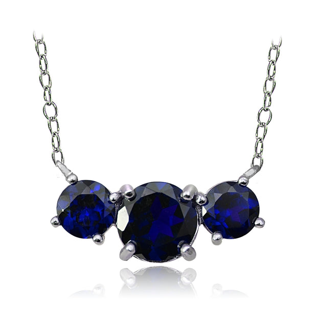 Sterling Silver Created Blue Sapphire Three Stone Necklace