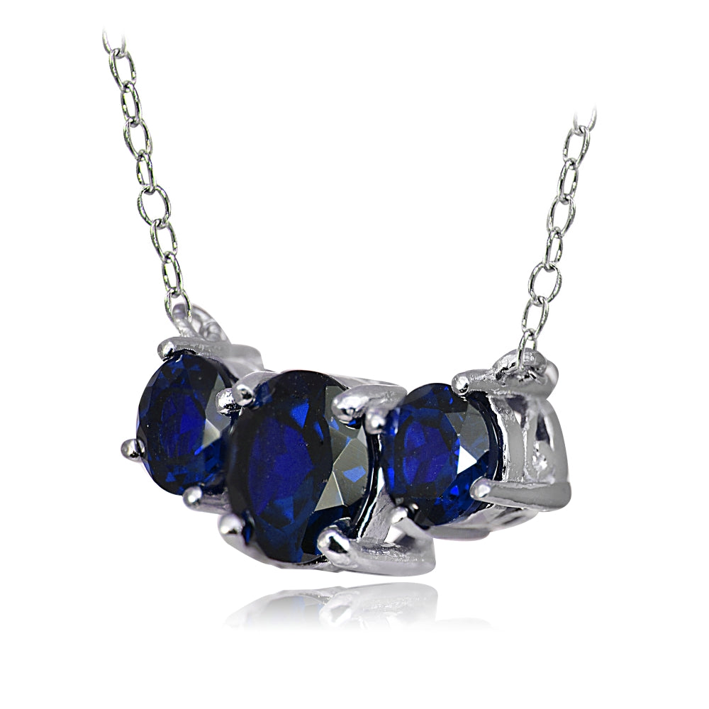 Sterling Silver Created Blue Sapphire Three Stone Necklace-2