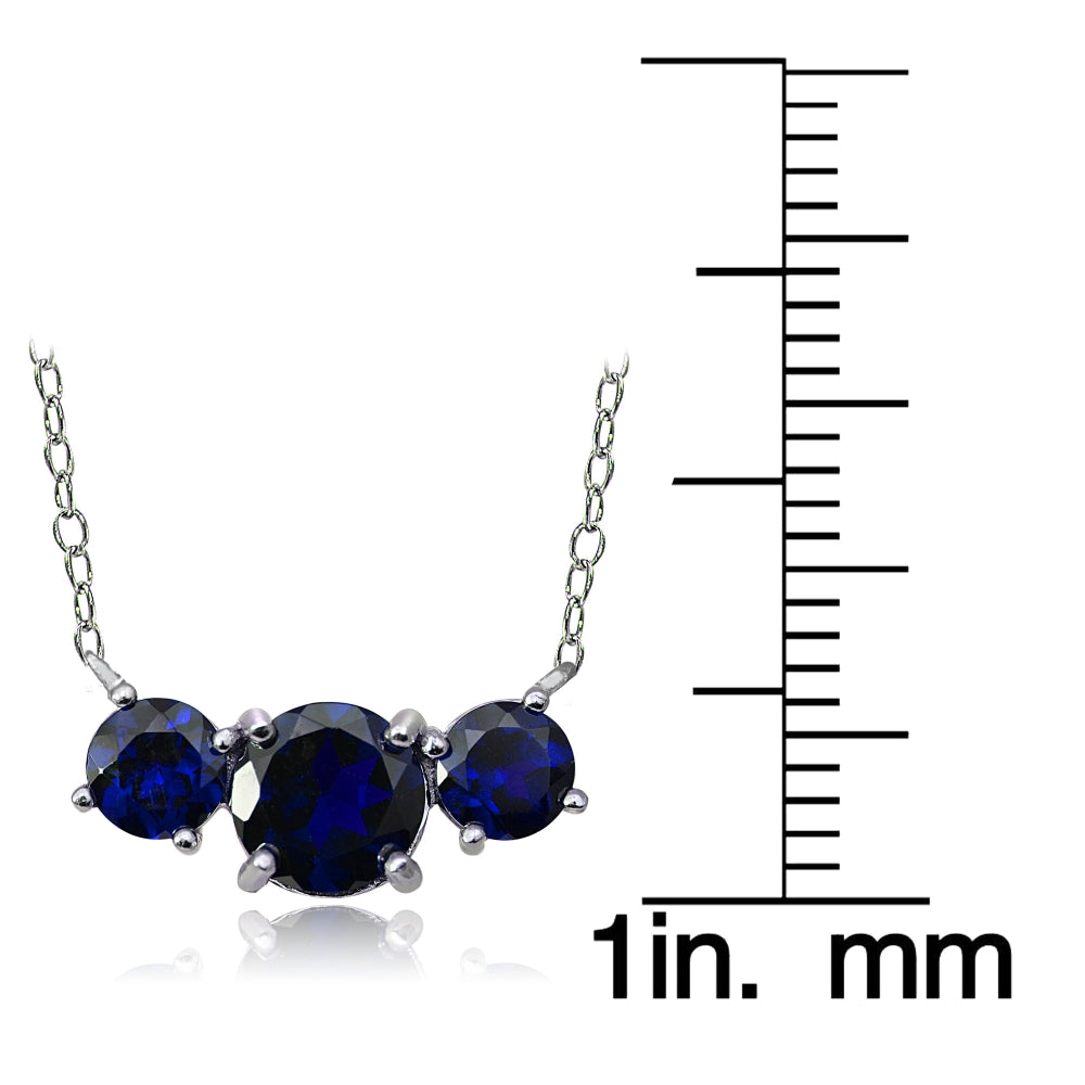 Sterling Silver Created Blue Sapphire Three Stone Necklace-3