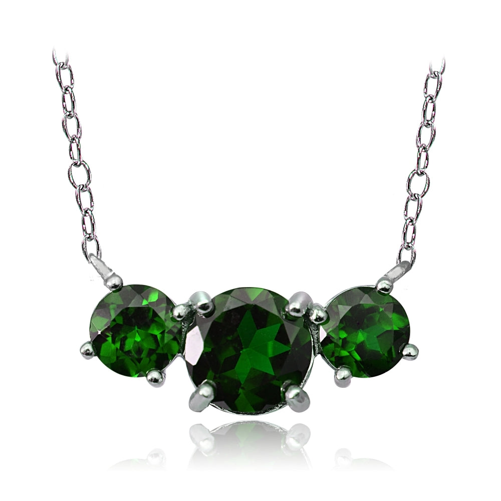 Sterling Silver Created Emerald Three Stone Necklace