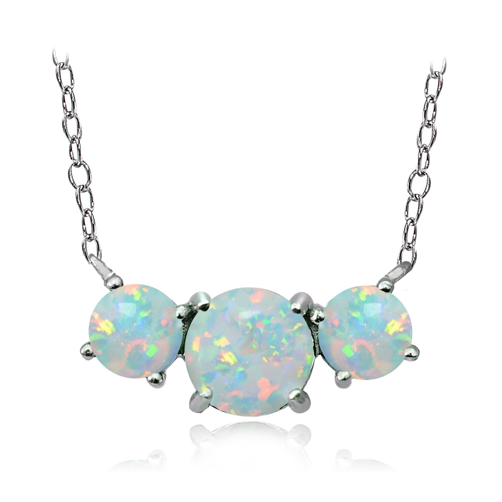 Sterling Silver Created White Opal Three Stone Necklace