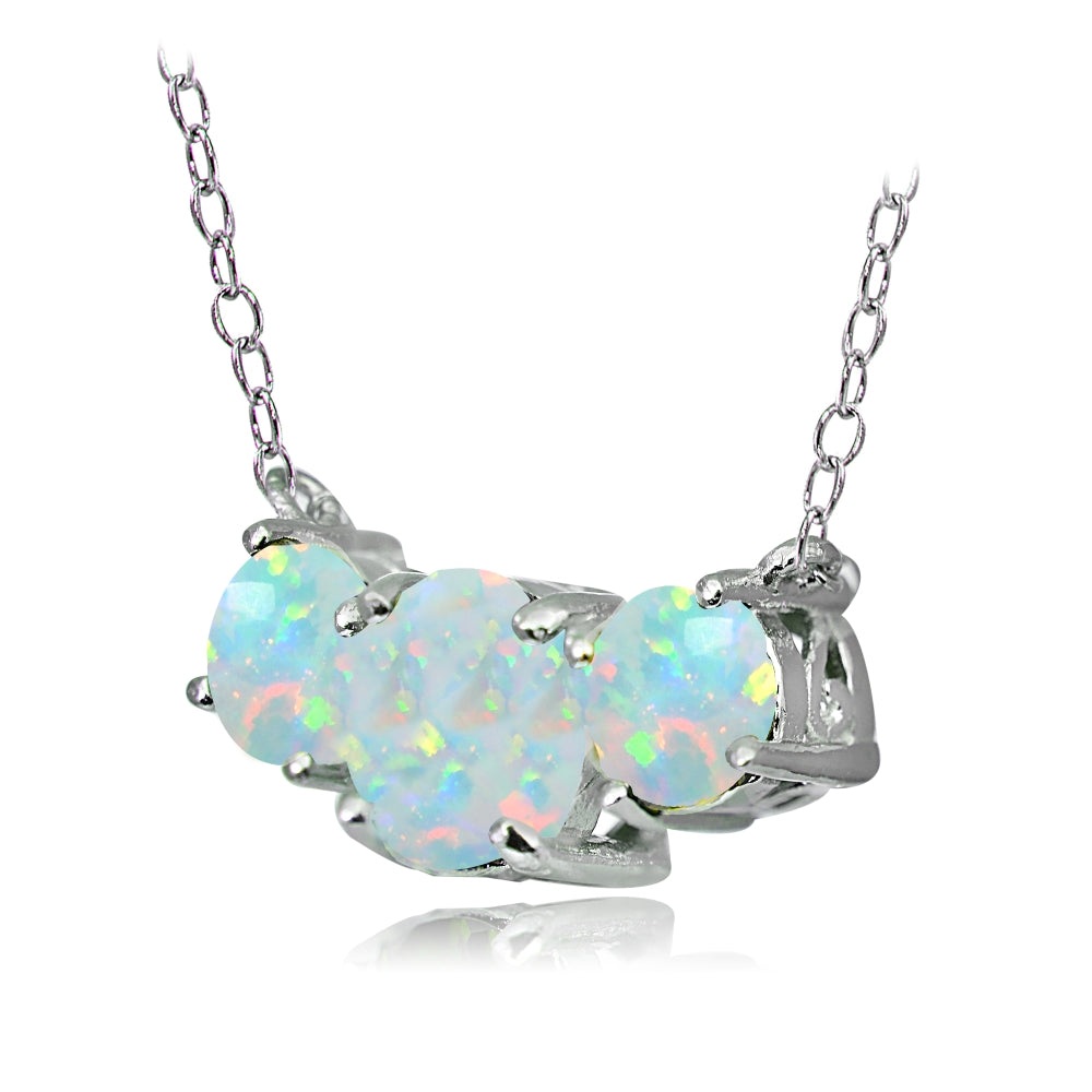 Sterling Silver Created White Opal Three Stone Necklace-2