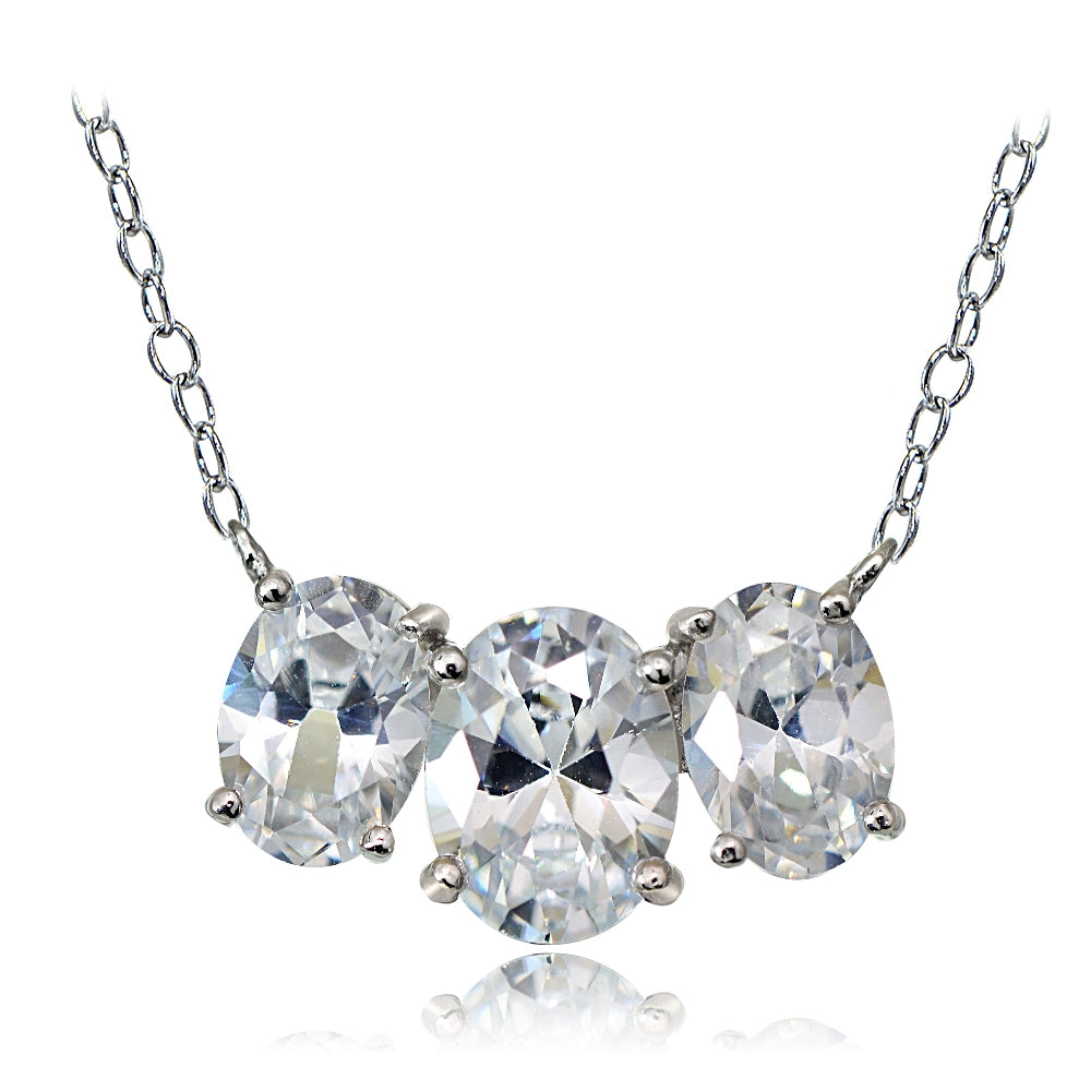 Sterling Silver 3.95ct Cubic Zirconia Three Stone Oval Necklace