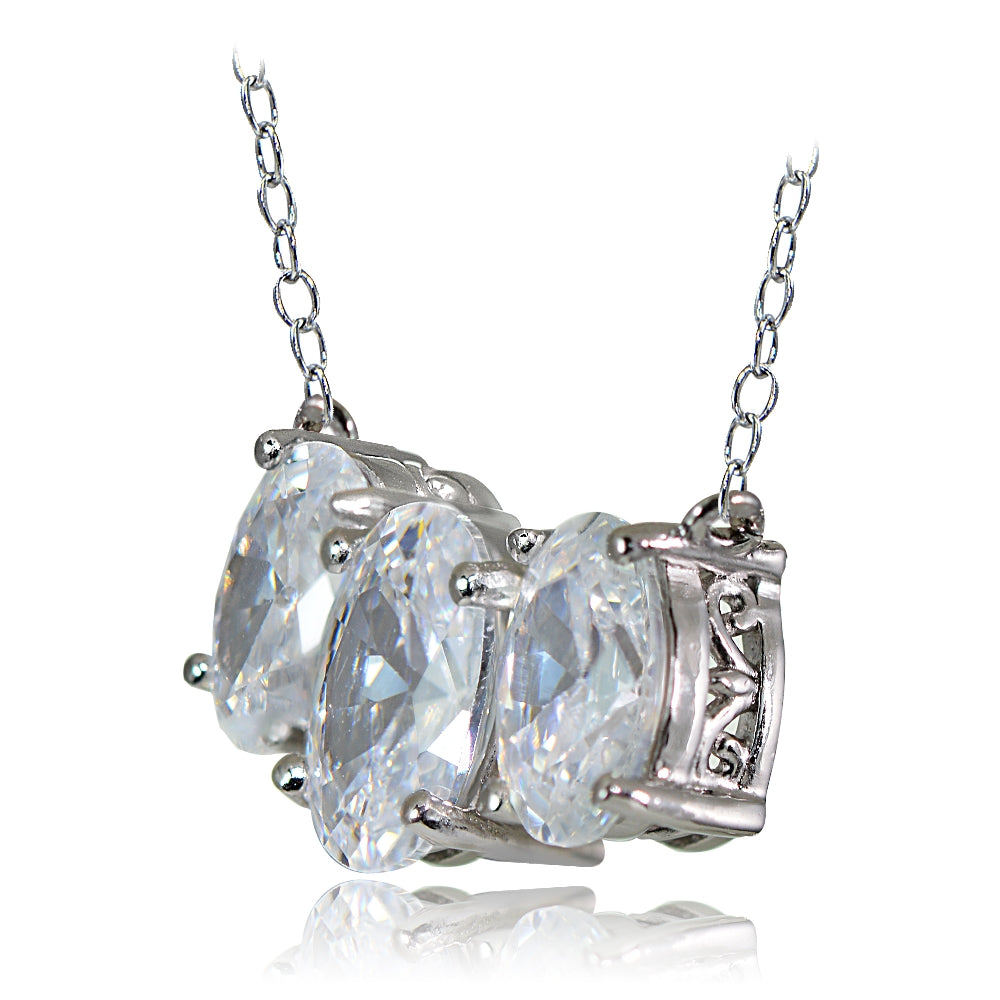 Sterling Silver 3.95ct Cubic Zirconia Three Stone Oval Necklace-2