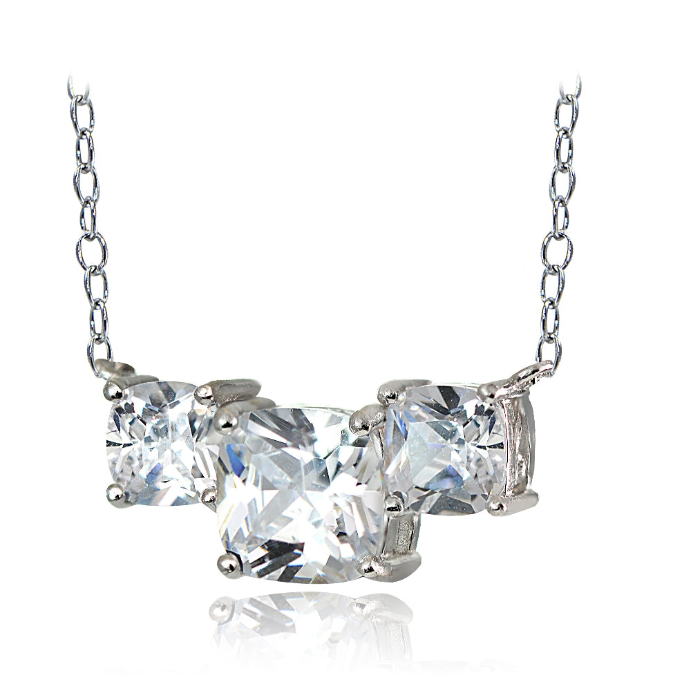 Sterling Silver 4.5ct Cubic Zirconia Three Stone Cushion-Cut Necklace-2