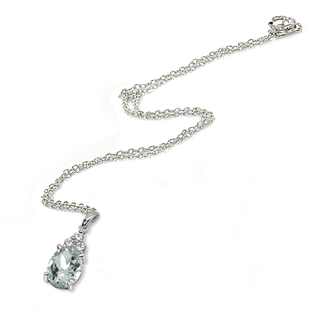 Sterling Silver Aquamarine and White Topaz Oval Pendant Necklace-2