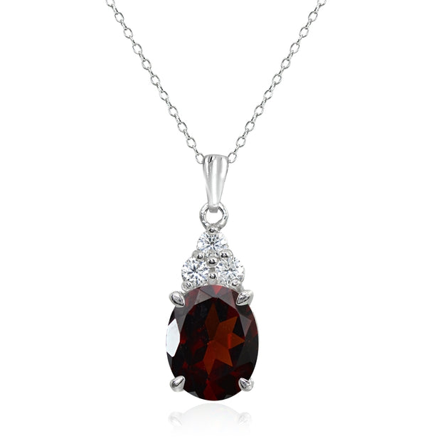 Sterling Silver Garnet and White Topaz Oval Pendant Necklace
