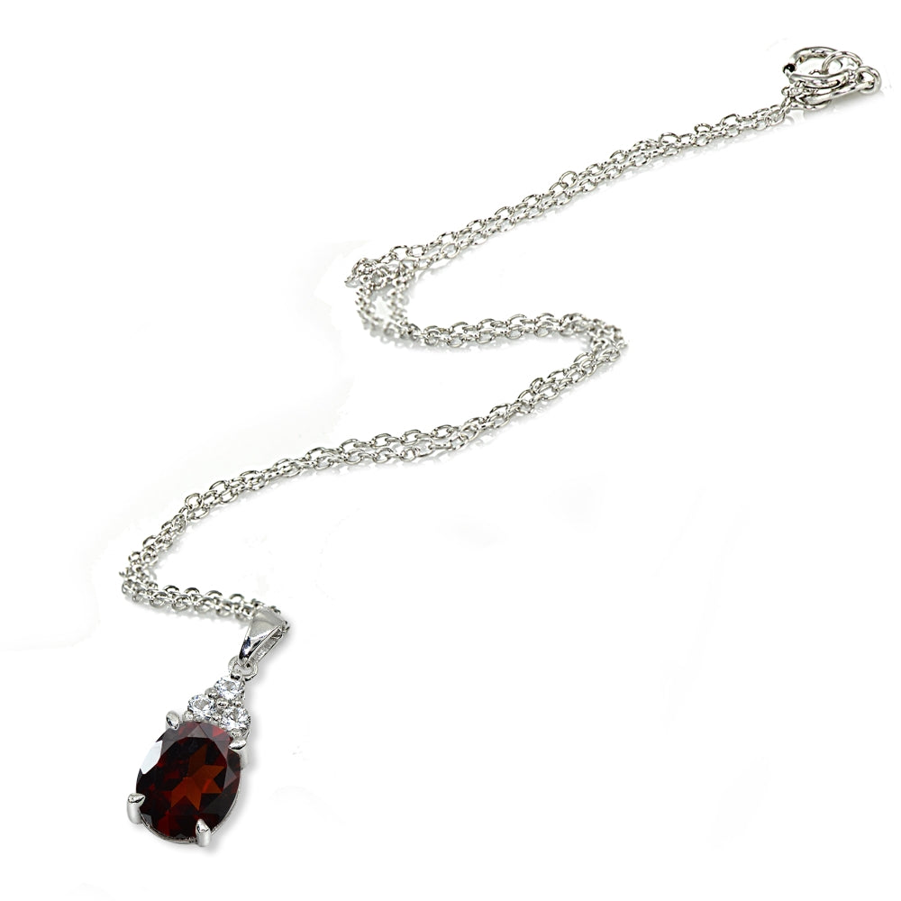 Sterling Silver Garnet and White Topaz Oval Pendant Necklace-2