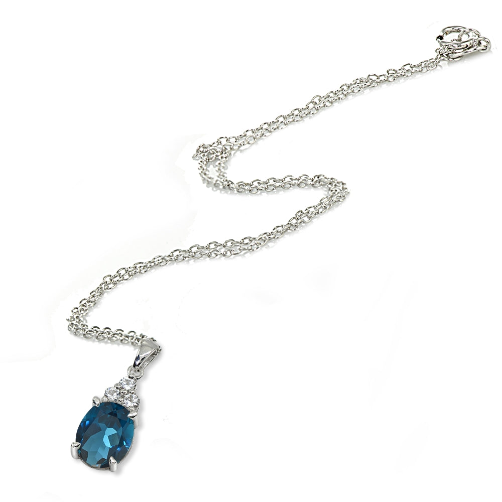 Sterling Silver London Blue and White Topaz Oval Pendant Necklace-2