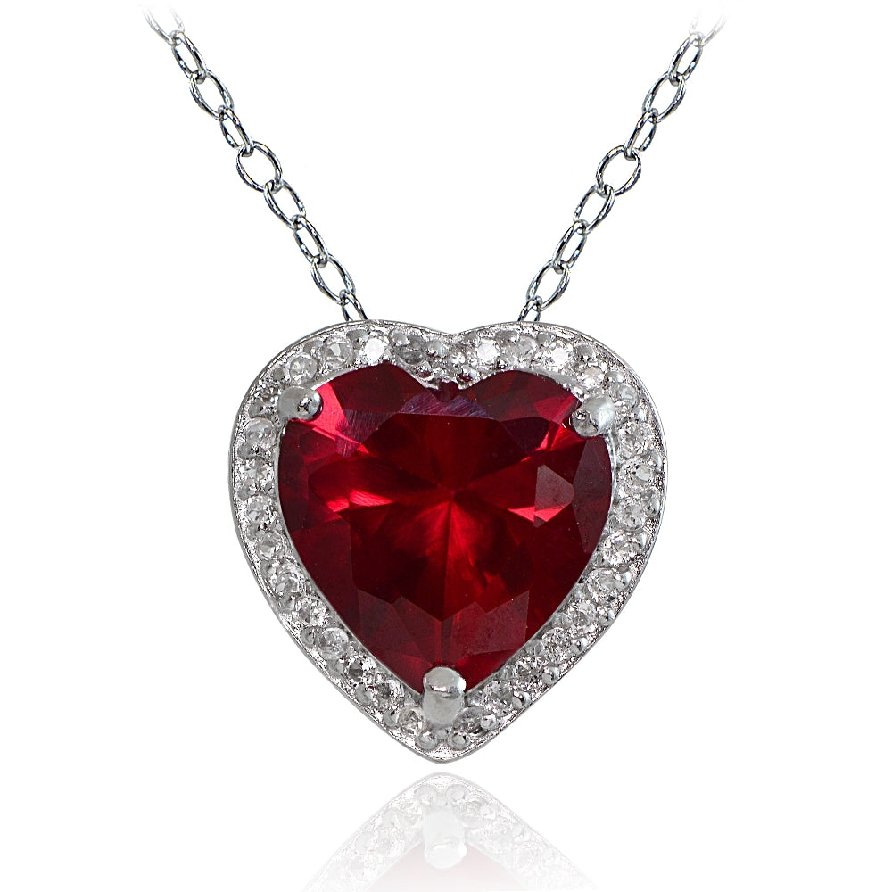 Sterling Silver 4.15ct Created Ruby and White Topaz Heart Necklace