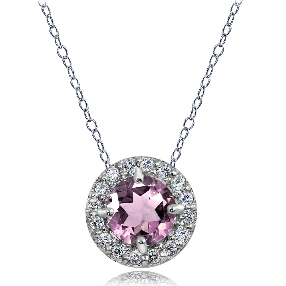 Sterling Silver Created Alexandrite and White Topaz Round Halo Necklace