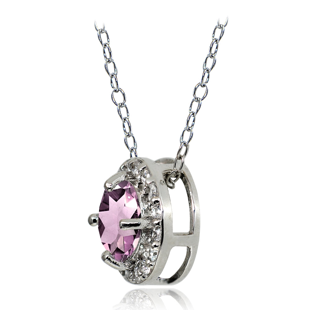 Sterling Silver Created Alexandrite and White Topaz Round Halo Necklace-2