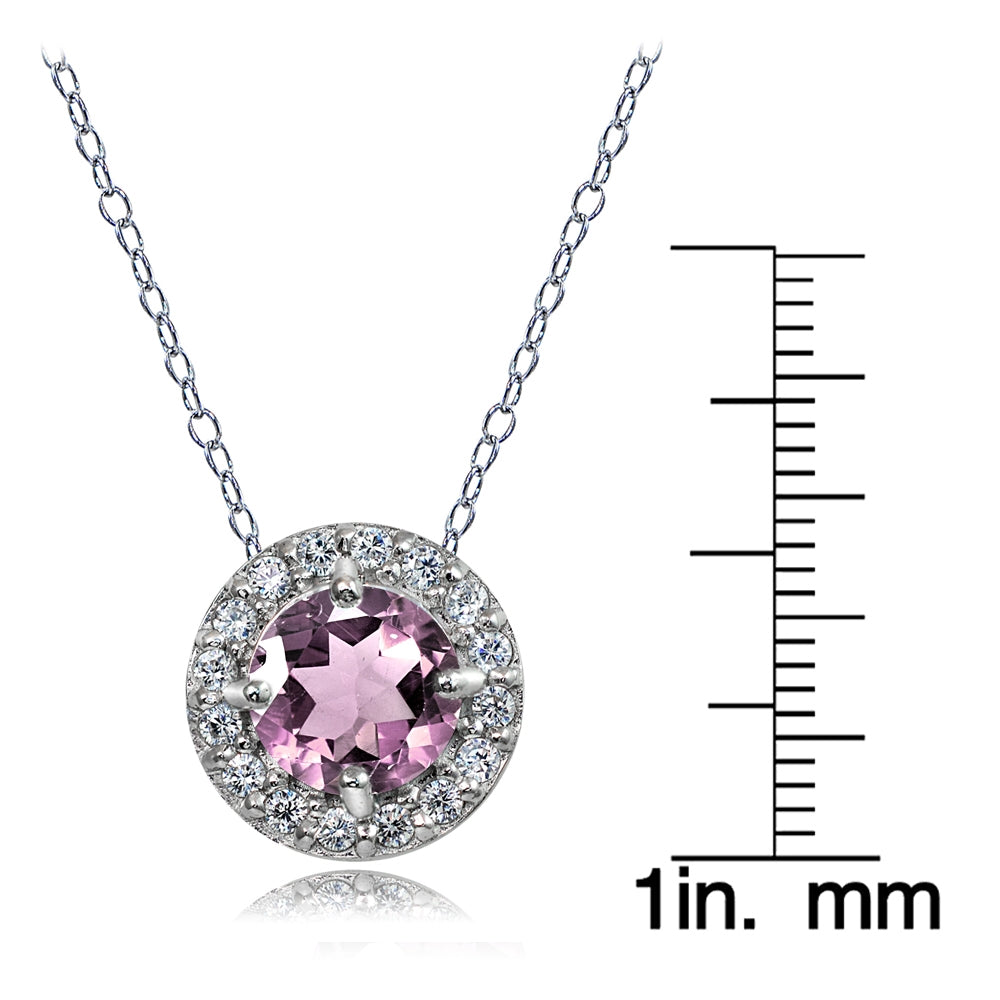 Sterling Silver Created Alexandrite and White Topaz Round Halo Necklace-3