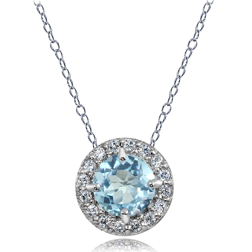 Sterling Silver Blue and White Topaz Round Halo Necklace