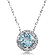 Sterling Silver Blue and White Topaz Round Halo Necklace