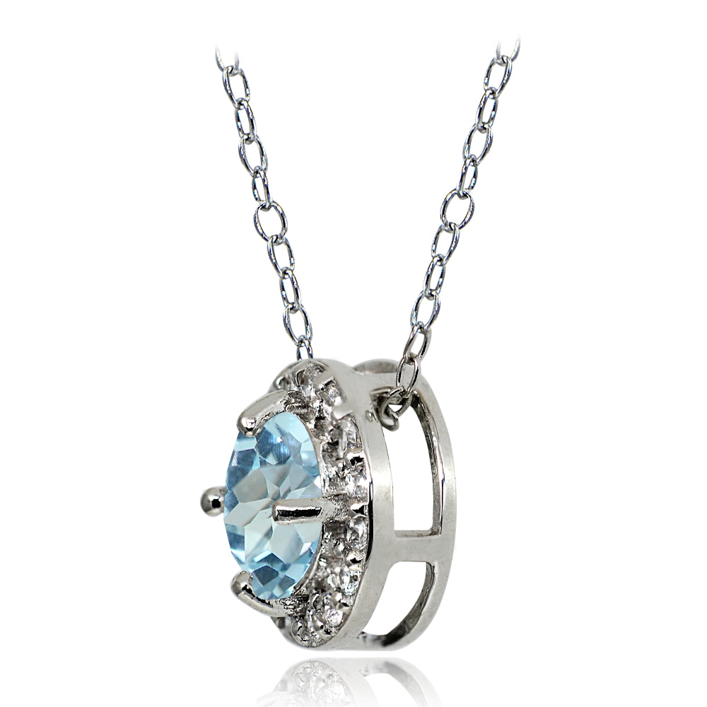 Sterling Silver Blue and White Topaz Round Halo Necklace-2