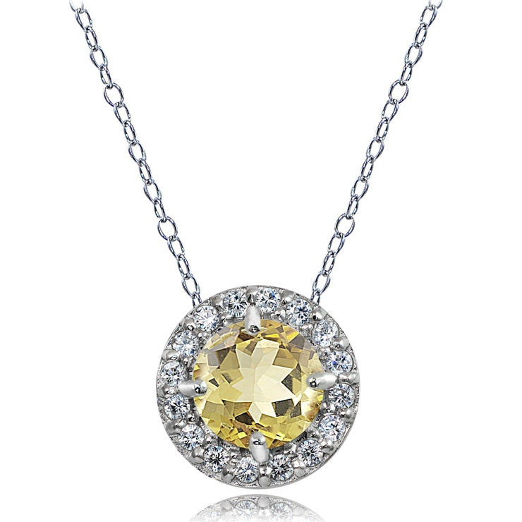 Sterling Silver Citrine and White Topaz Round Halo Necklace