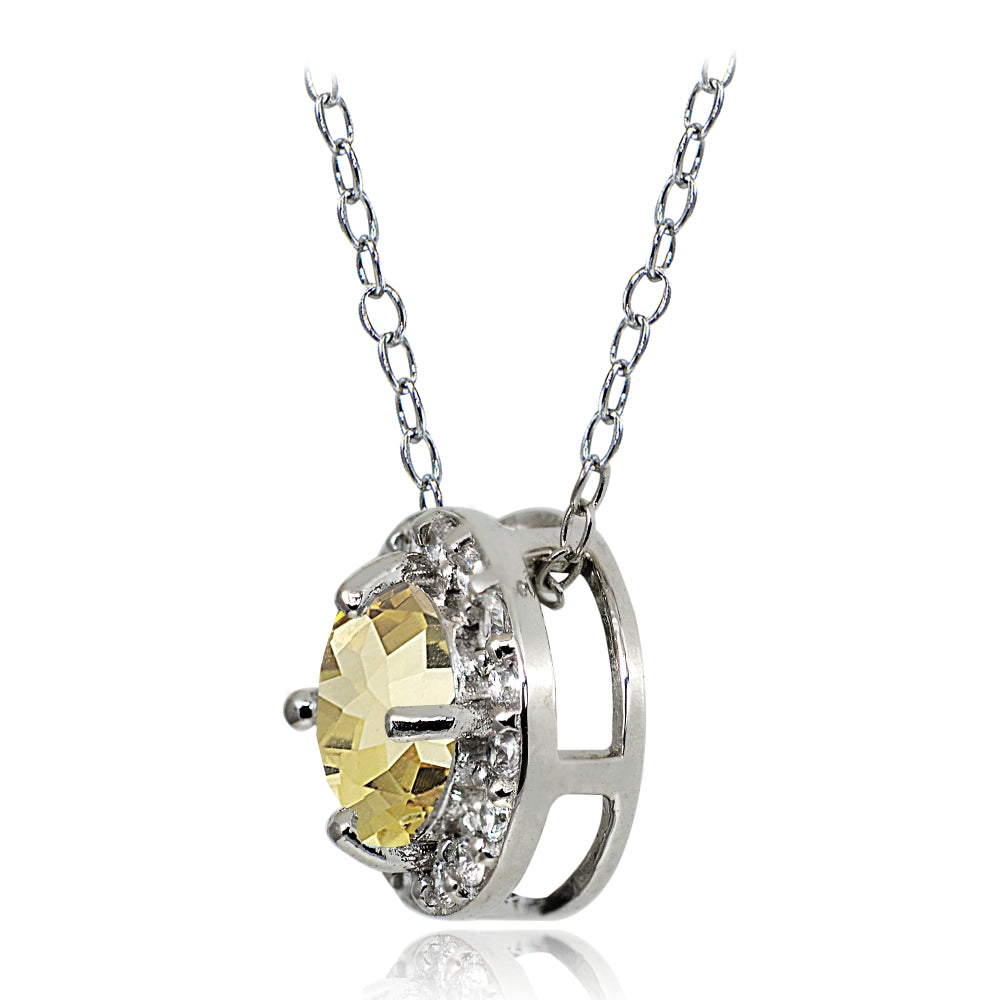 Sterling Silver Citrine and White Topaz Round Halo Necklace-2
