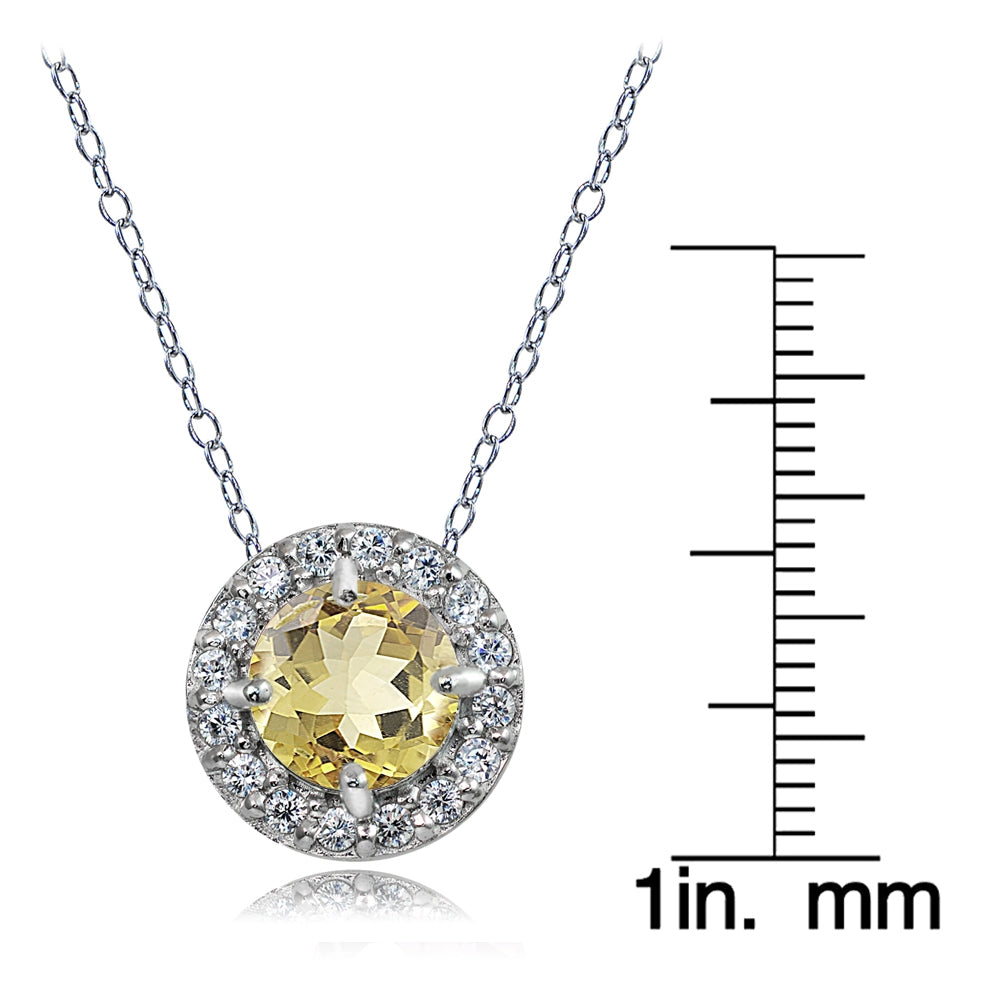 Sterling Silver Citrine and White Topaz Round Halo Necklace-3