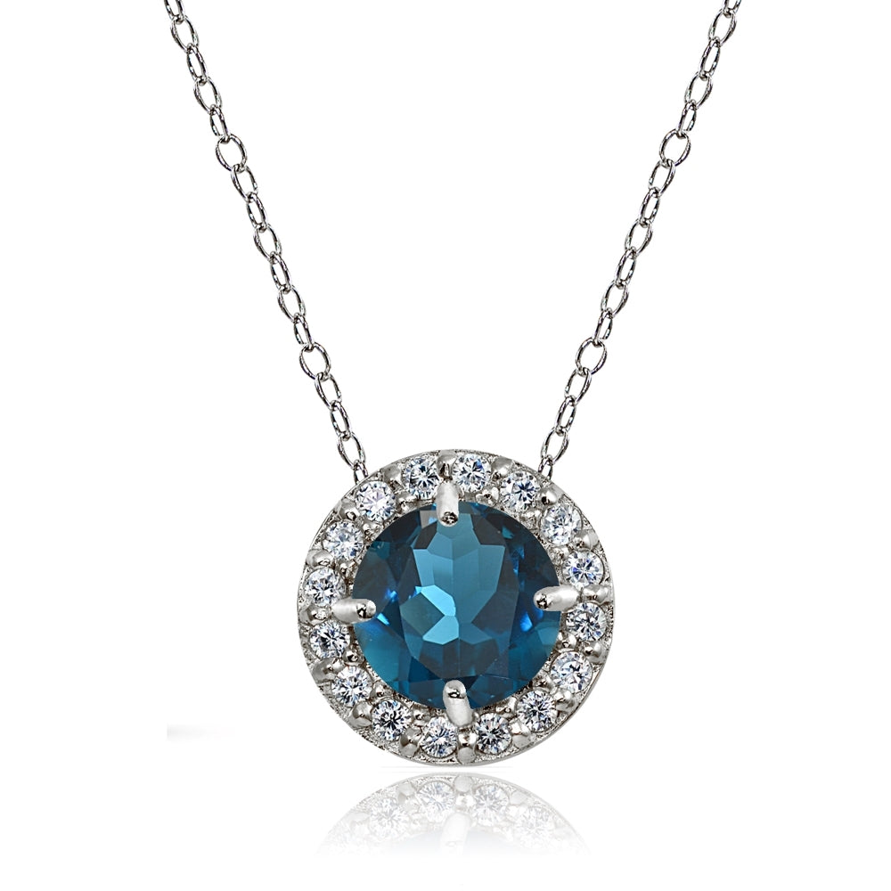 Sterling Silver London Blue Topaz and White Topaz Round Halo Necklace