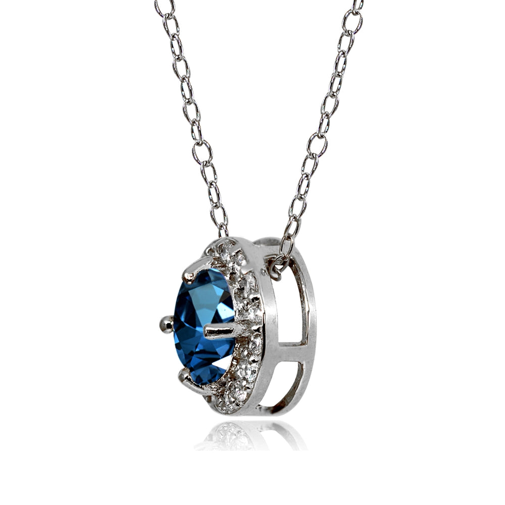 Sterling Silver London Blue Topaz and White Topaz Round Halo Necklace-2