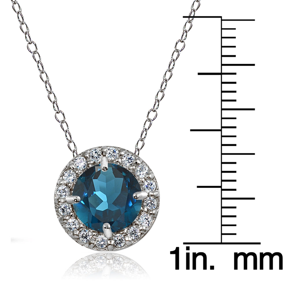 Sterling Silver London Blue Topaz and White Topaz Round Halo Necklace-3
