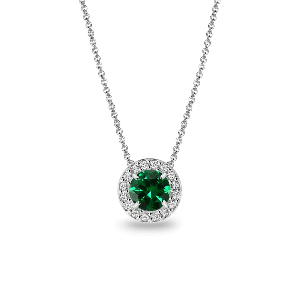 Sterling Silver Created Emerald and White Topaz Round Halo Necklace-2