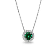 Sterling Silver Created Emerald and White Topaz Round Halo Necklace